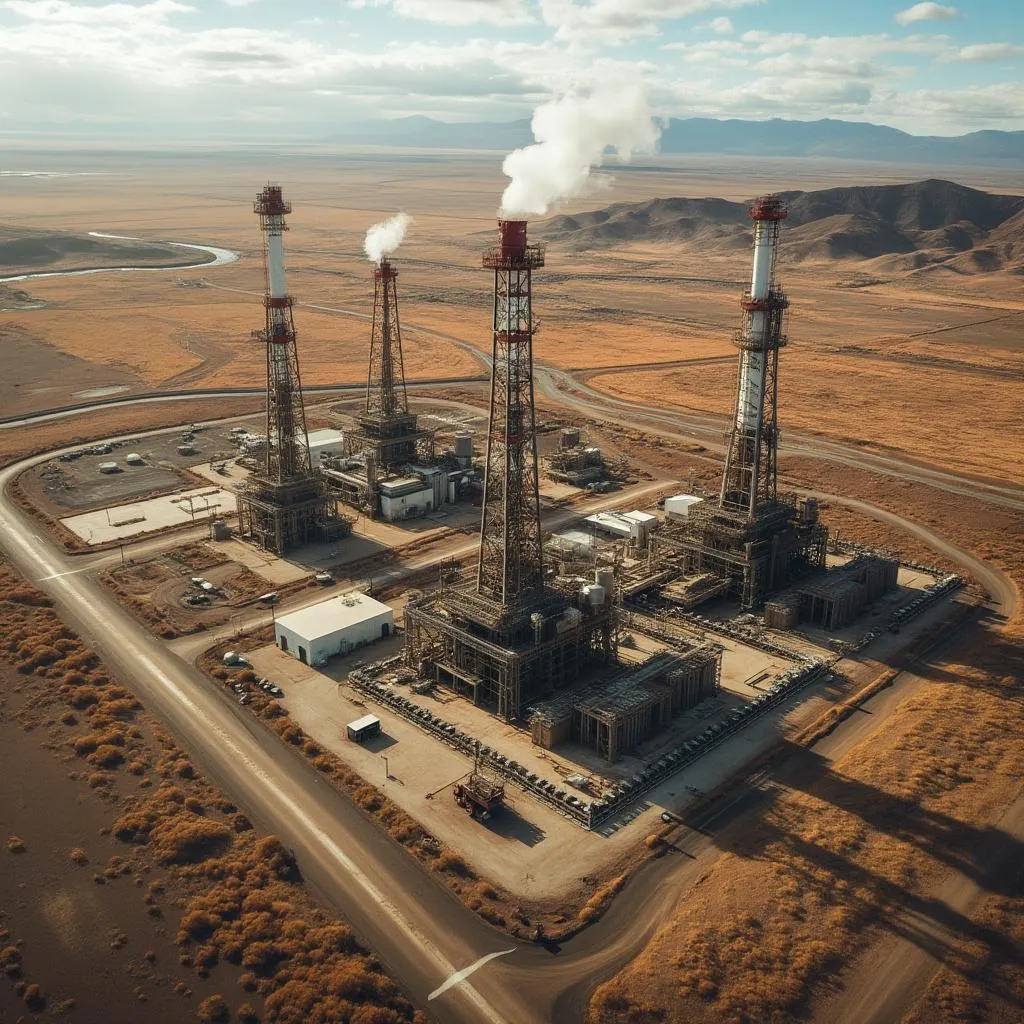Vista aérea de campo petrolero en Vaca Muerta